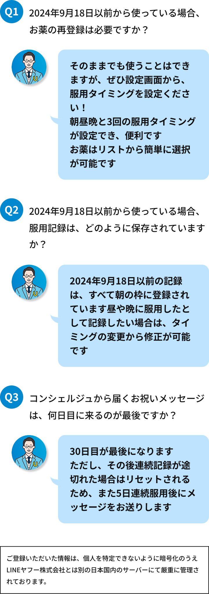 Q1 2024年9月18日以前から使っている場合、お薬の再登録は必要ですか？ そのままでも使うことはできますが、ぜひ設定画面から、服用タイミングを設定ください！朝昼晩と3回の服用タイミングが設定でき、便利ですお薬はリストから簡単に選択が可能です Q2 2024年9月18日以前から使っている場合、服用記録は、どのように保存されていますか？2024年9月18日以前の記録は、すべて朝の枠に登録されています 昼や晩に服用したとして記録したい場合は、タイミングの変更から修正が可能です Q3 コンシェルジュから届くお祝いメッセージは、何日目に来るのが最後ですか？30日目が最後になります ただし、その後連続記録が途切れた場合はリセットされるため、また5日連続服用後にメッセージをお送りします
