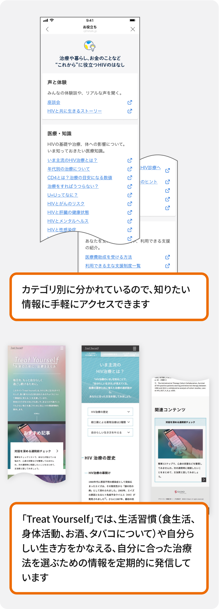 UUコンシェルジュアプリの「お役立ち」機能説明図。「治療や暮らし、お金のことなど、これからに役立つHIVのはなし」をテーマにカテゴリ別に情報提供機能を紹介：1）カテゴリ別に分かれているので、知りたい情報に手軽にアクセスできる - スマートフォン画面上で「声と体験」「医療・知識」などのカテゴリが表示され、具体的な項目として「座談会」「HIVと共に生きるストーリー」「いま主流のHIV治療とは？」「年代別の気がかりについて」「CD4とは？治療の目安となる数値」「治療をずっとうまくいく？」「U=Uってなに？」「HIVとがんのリスク」「HIVと肝臓の健康状態」「HIVとメンタルヘルス」「HIVと認知症」などの詳細な情報項目が並んでいる、2）「Treat Yourself」では、生活習慣（食生活、身体活動、お酒、タバコについて）や自分らしい生き方をかかえる、あなたに合った治療法を選ぶための情報を定期的に発信している - 実際のTreat YourselfのWebサイト画面を表示し、「対話を深める通院前チェック」「いま主流のHIV治療とは？」「HIV治療の歴史」などのコンテンツや関連コンテンツセクションを視覚的に紹介している