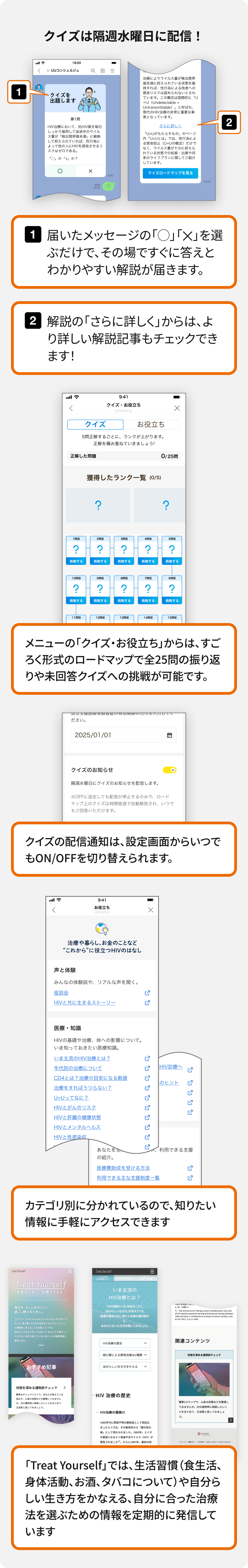 「Treat Yourself」では、生活習慣（食生活、身体活動、お酒、タバコについて）や自分らしい生き方をかなえる、自分に合った治療法を選ぶための情報を定期的に発信しています。また、隔週水曜日に配信されるクイズでは、○×形式で気軽に答えながらHIV治療に関する知識を身につけることができます。