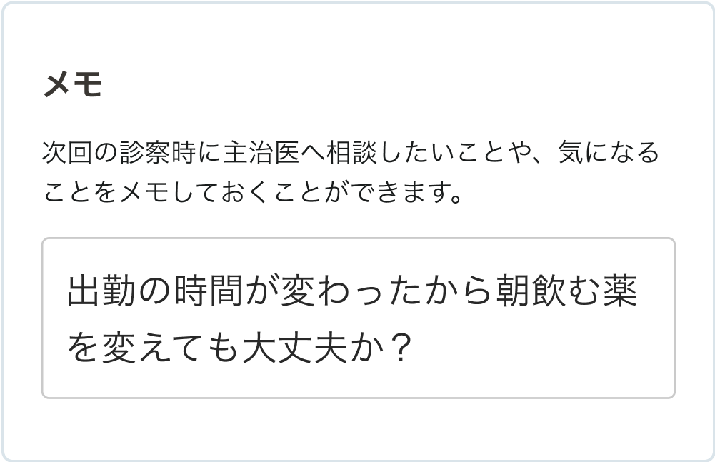 メモ機能の画面。「出勤の時間が変わったから朝飲む薬を変えても大丈夫か？」という相談内容が入力されています。