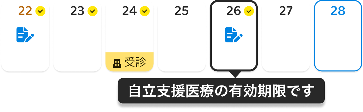 カレンダーの画面。服薬日や通院日がカレンダー上に表示されています。
